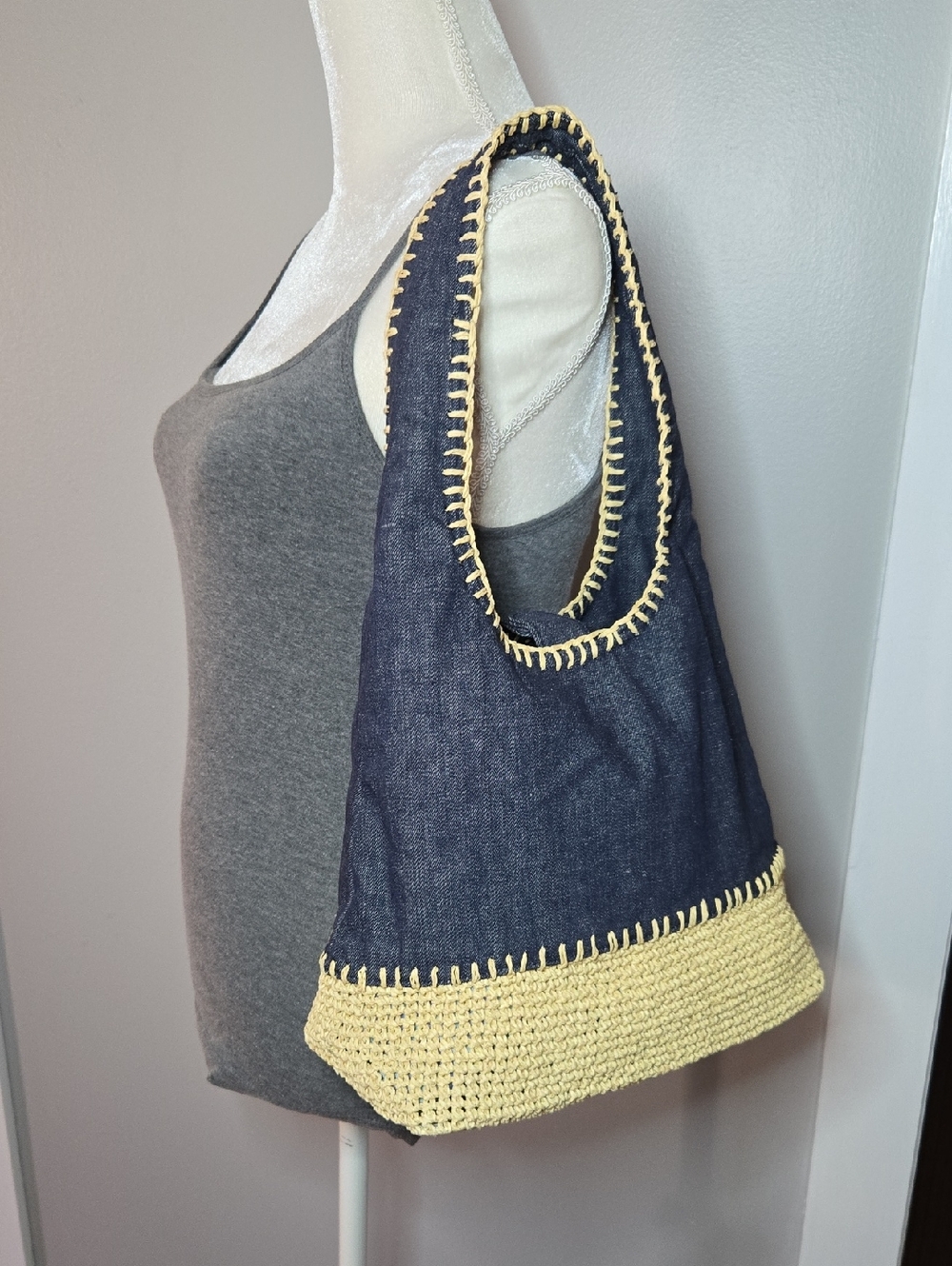 Sonoma Denim and Raffia Woven Hobo Shoulder Bag Boho Hippie Style